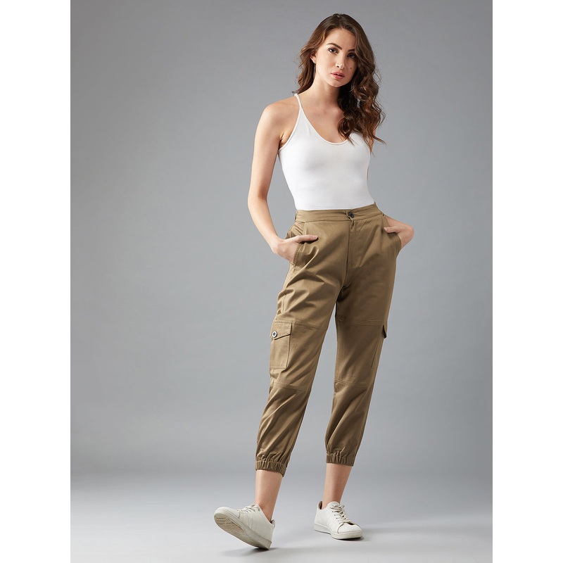Women’s Olive Green Solid Panelled Elasticated Cropped Length Joggers XS Green