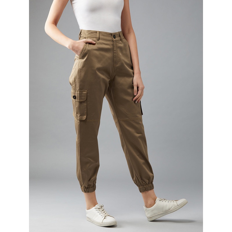 Women’s Olive Green Solid Panelled Elasticated Regular Length Joggers XS Green