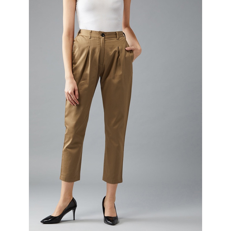 Women’s Olive Green Solid Pleated Regular Length Pant XS Green