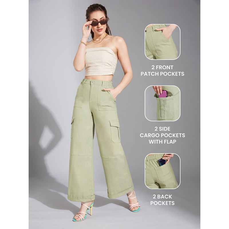 Women’s Olive Wide-Leg High Rise Clean Look Regular Stretchable Denim Jeans 26 Green