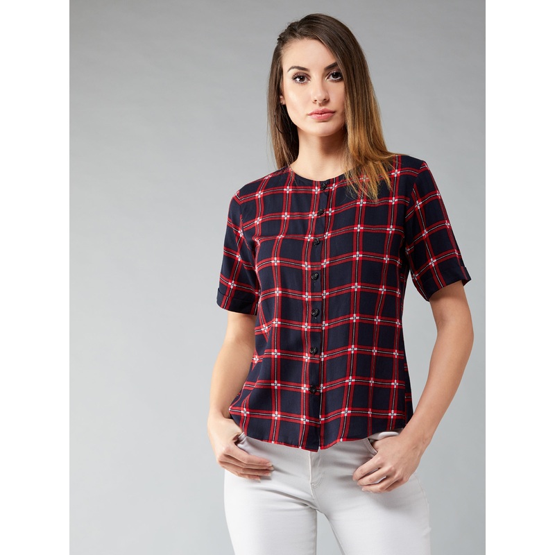 Women’s Red & Navy Blue Round Neck Half Sleeve Checkered Boxy Regular Length Shirt XS Multicolor