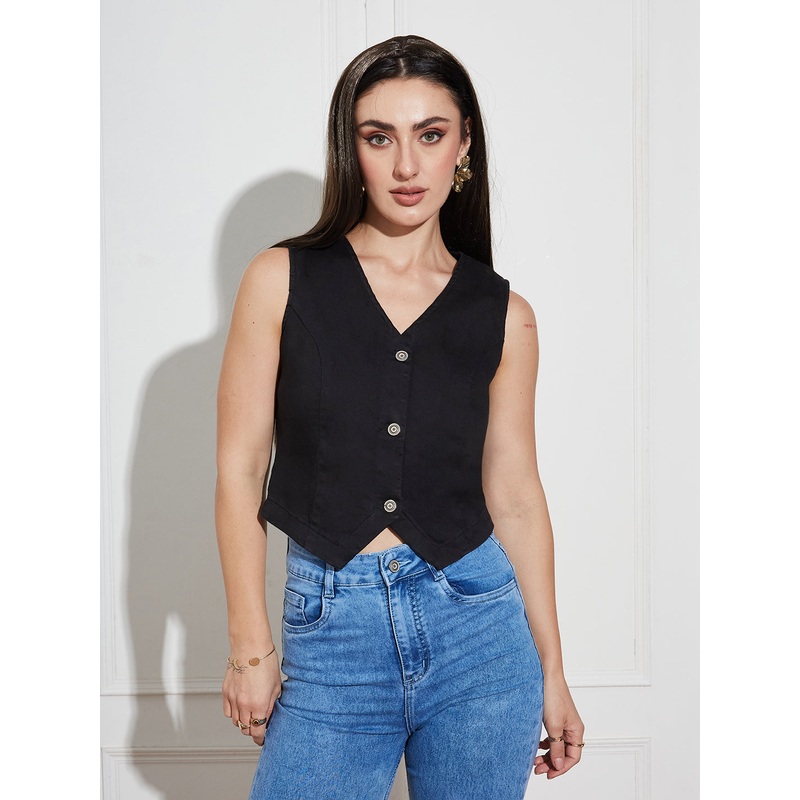 Womens Black V Neck Sleeveless Solid Waistcoat-Styled Cropped Denim Top XS Black
