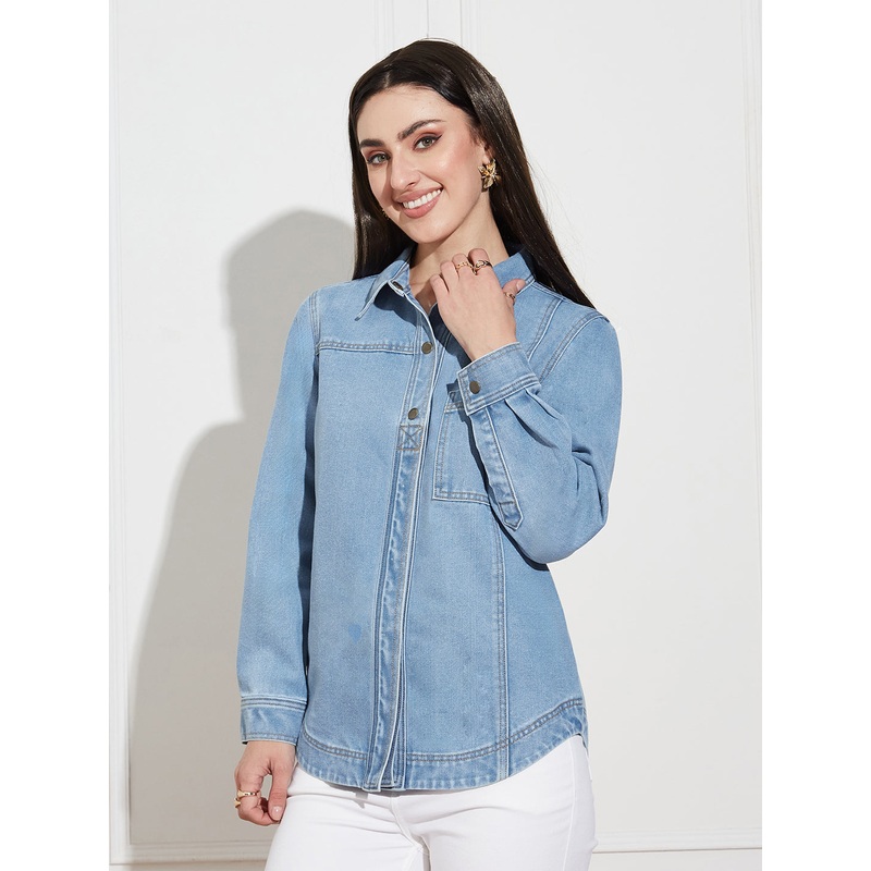 Womens Light Blue Asymmetric Denim Shirt  Full Sleeves, Relaxed Fit, Collared XS Blue