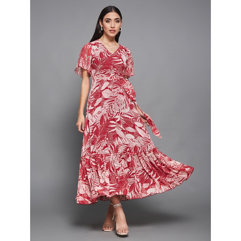 Maroon Floral Printed Flutter Sleeves Maxi Dress for Women XS Multicolored