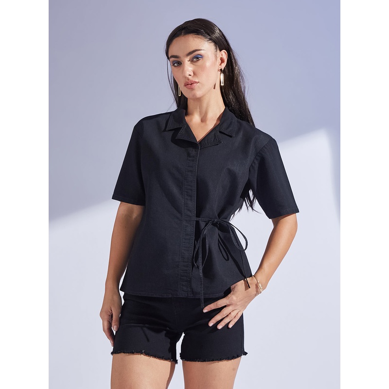 Women’s Black Tie-Up Half-Sleeves Denim Shirt XS Black