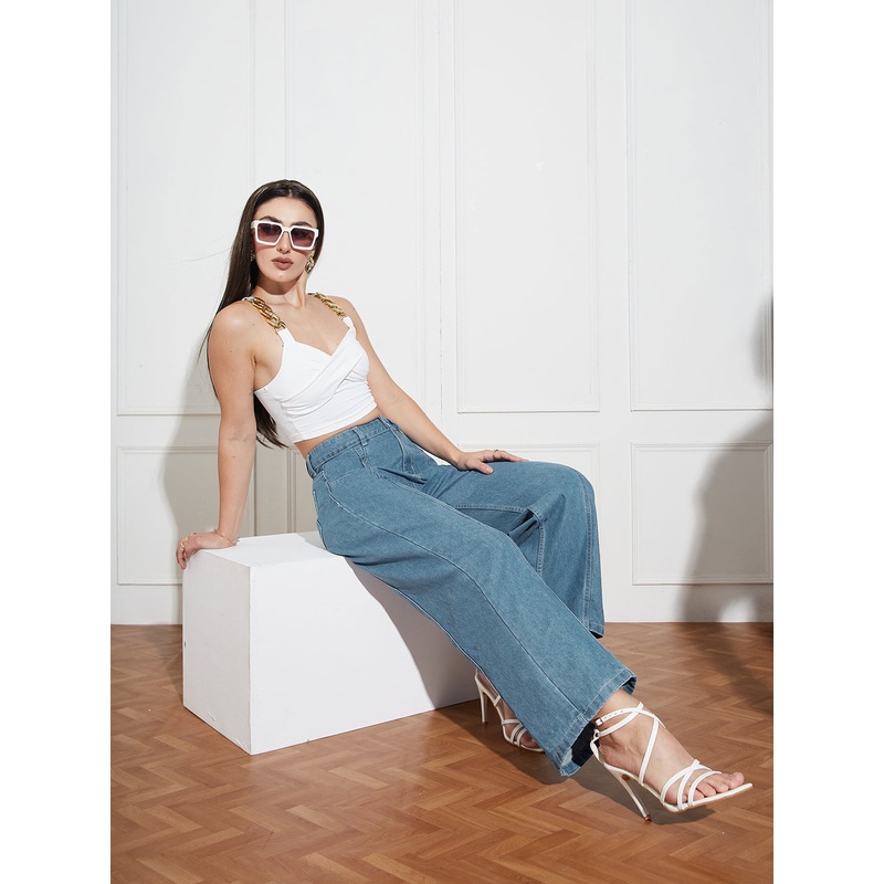 Women’s Blue Wide-Leg High-Rise Clean-Look Regular-Length Denim Jeans 26 Blue