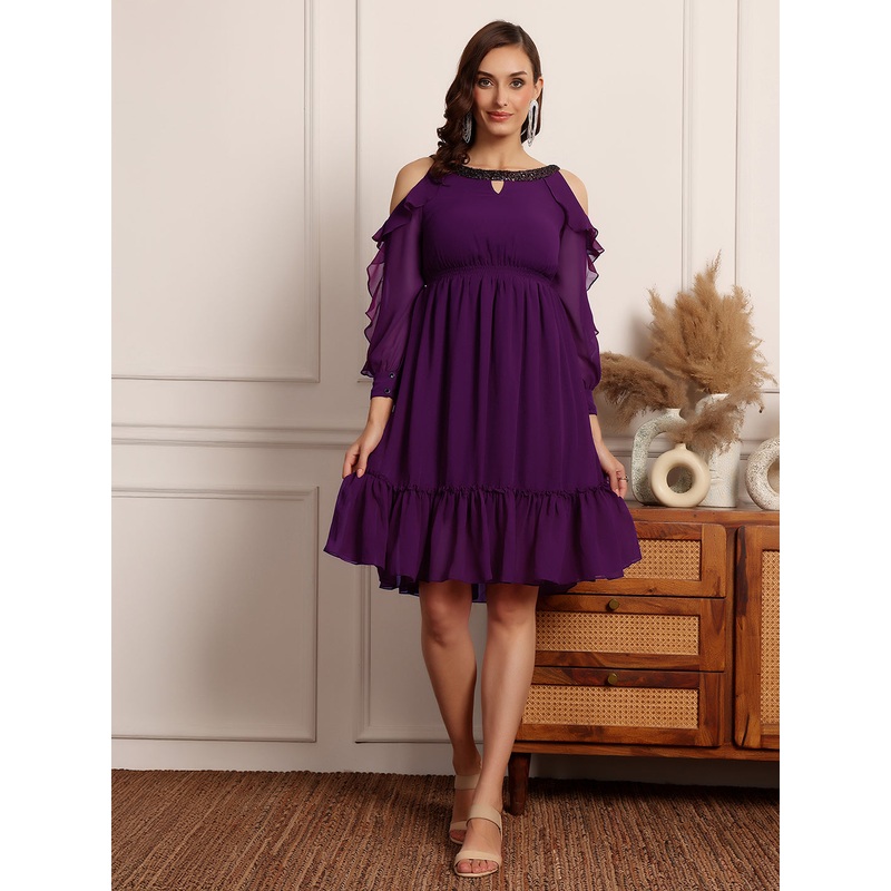 Women’s Dark Purple Solid Round Neck Full Sleeves Polyester Ruffled Knee Length Dress XS Purple
