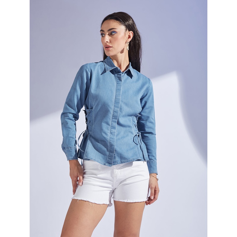 Women’s Light Blue Shirt Collar Full Sleeve Adjustable Tie Up Regular-Length Denim Shirt XS Blue