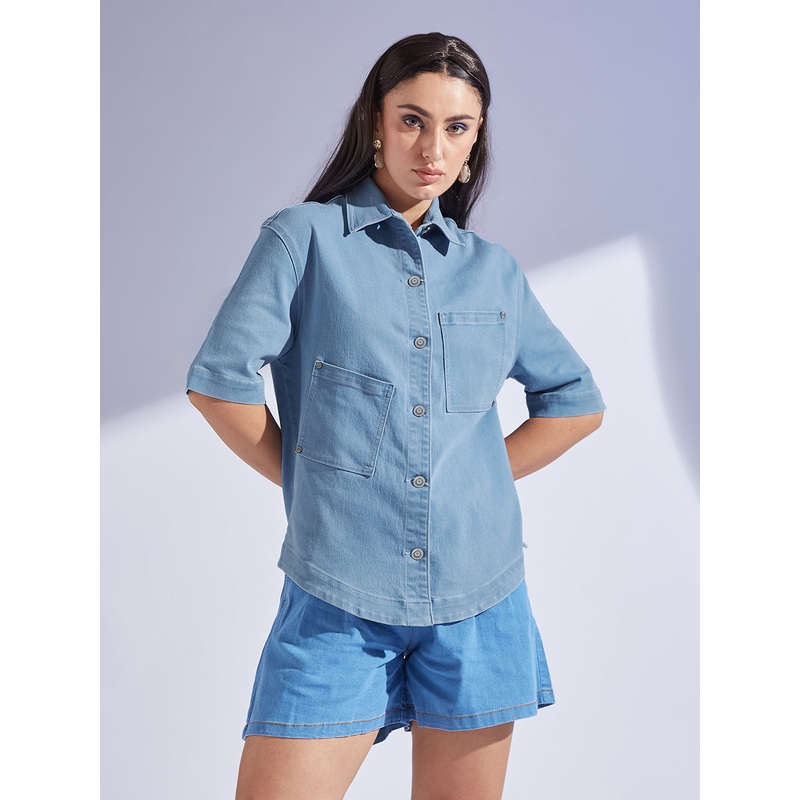 Women’s Light Blue Shirt Collar Half Sleeve Asymmetrical Panelled Regular-Length Denim Shirt XS Blue