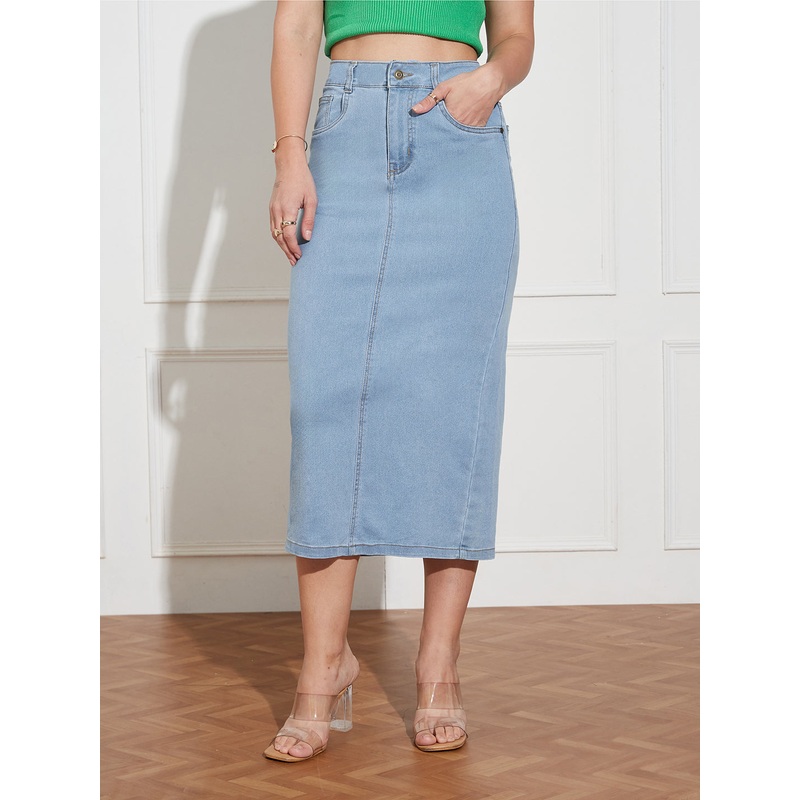 Women’s Light Blue Straight High Rise Clean Look Midi Stretchable Denim Denim Skirt 26 Blue