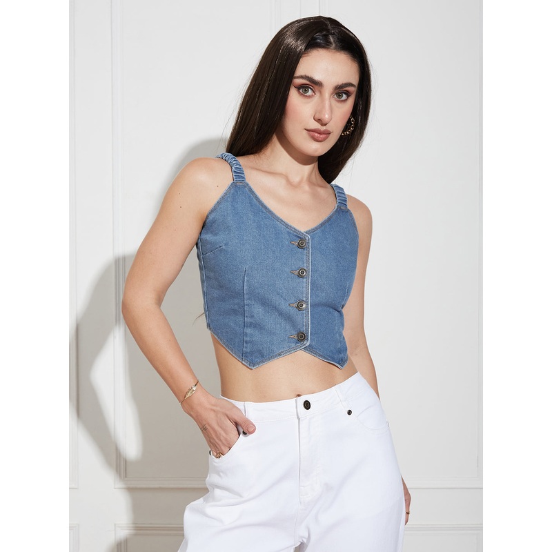 Women’s Mid-Blue V-Neck Elasticated Straps Sleeve Solid Waistcoat-Styled Cropped Denim Top XS Blue