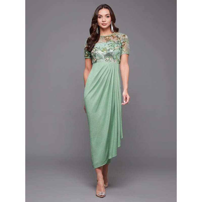Women’s Mint Round-Neck Half-Sleeve Embroidered Draped Polyester Midi Dress XS Green