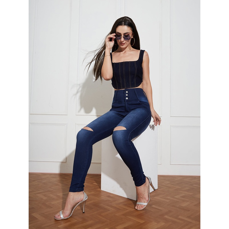 Women’s Navy Blue Skinny Fit High Rise Clean Look Regular Length Double Knee Slit Stretchable High Waist Denim Jeans 26 Navy Blue