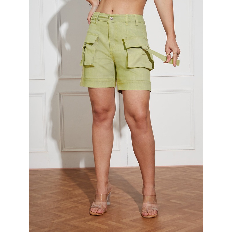 Women’s Olive Flared High-Rise Clean-Look Regular-Length Stretchable Denim Shorts 26 Green