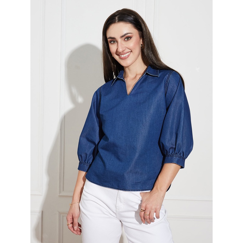 Womens Dark Blue Collar-Neck Puff-Sleeve Solid-Colored Light Weight Denim Tunic Top XS Blue