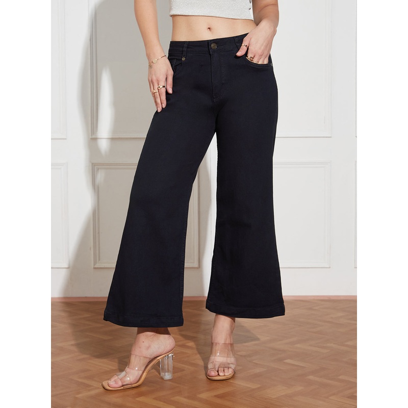 Women’s Black Wide-Leg Mid Rise Clean Look Cropped Stretchable Denim Jeans 26 Black