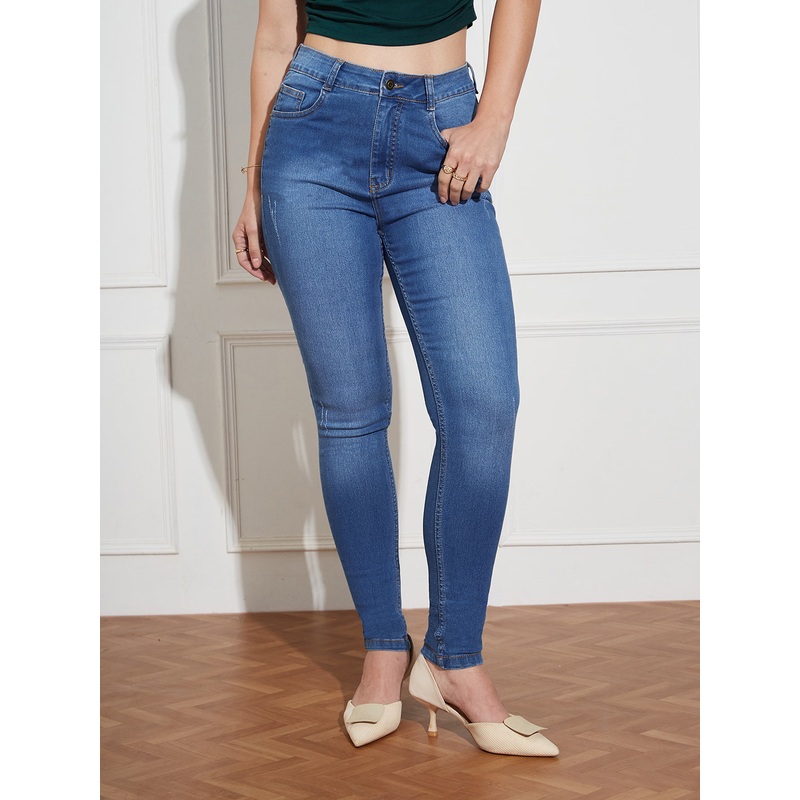 Women’s Blue Skinny-Fit High-Rise Mildly Distressed Regular-Length Stretchable Denim Jeans 26 Blue