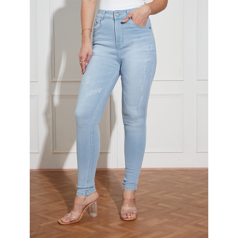 Women’s Light Blue Skinny High Rise Mild Distress Regular Stretchable Denim Jeans 26 Blue