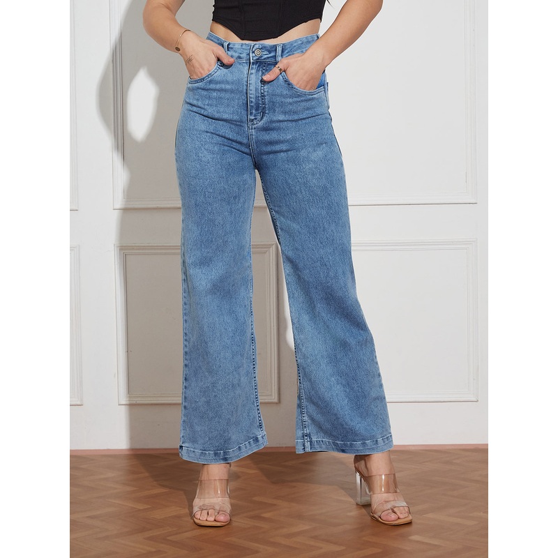 Women’s Light Blue Wide-Leg High Rise Clean Look Regular Stretchable Denim Jeans 26 Blue