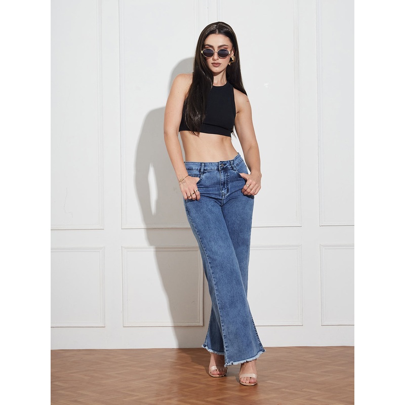 Women’s Mid-Blue Wide-Leg High Rise Regular-Length Stretchable Denim Jeans 26 Blue