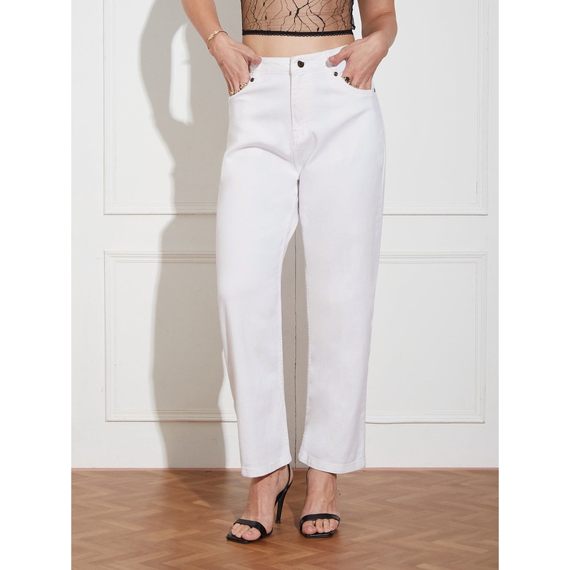 Women’s White Tapered Mid Rise Clean Look Cropped Stretchable Denim Jeans 26 White