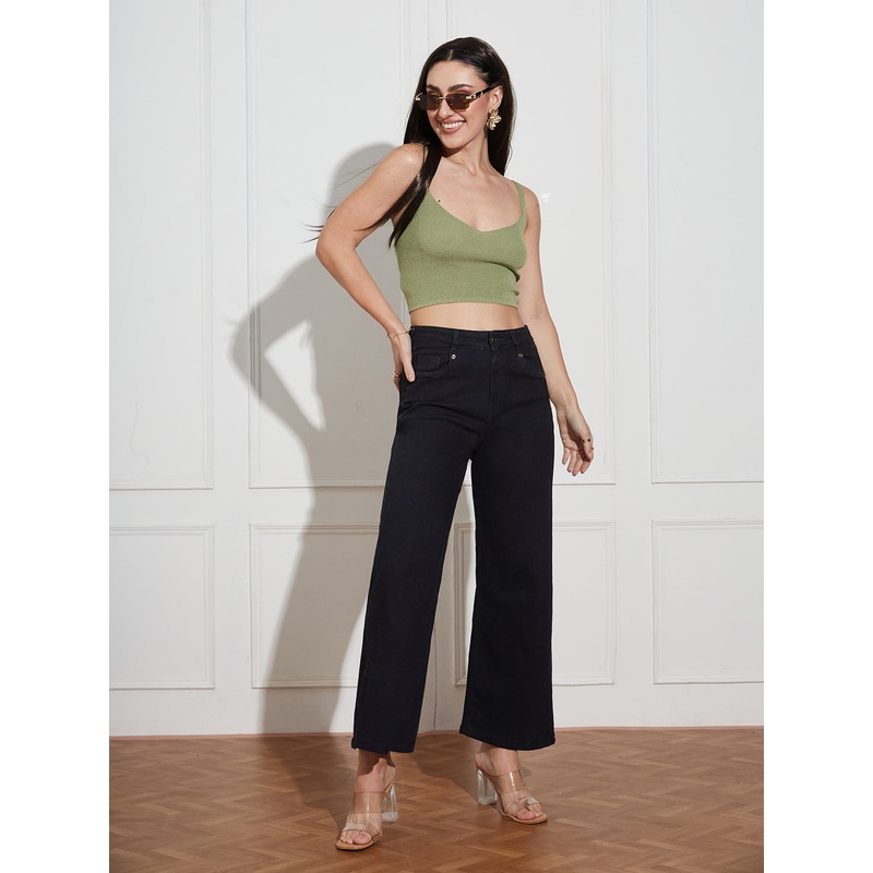 Women’s Black Wide-Leg High Rise Clean Look Regular-Length Stretchable Denim Jeans 26 Black