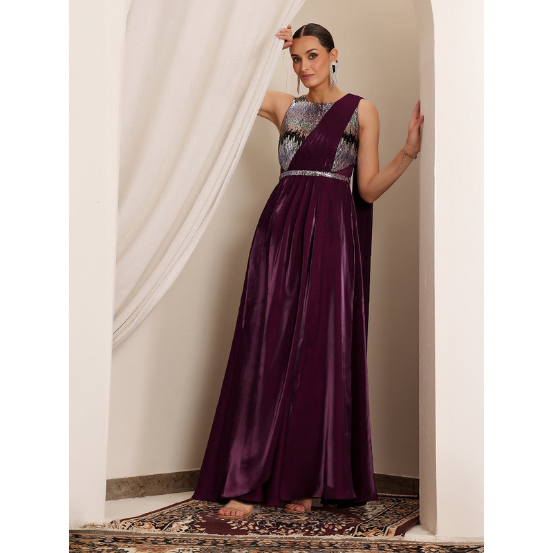 Women’s Dark Purple Round Neck Sleeveless Embellished Layered Satin Maxi Dress XS Dark Purple