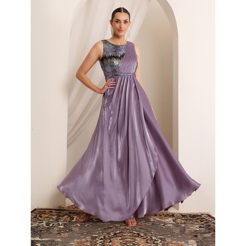 Women’s Dusty Purple Round Neck Sleeveless Embellished Layered Satin Maxi Dress XS Purple