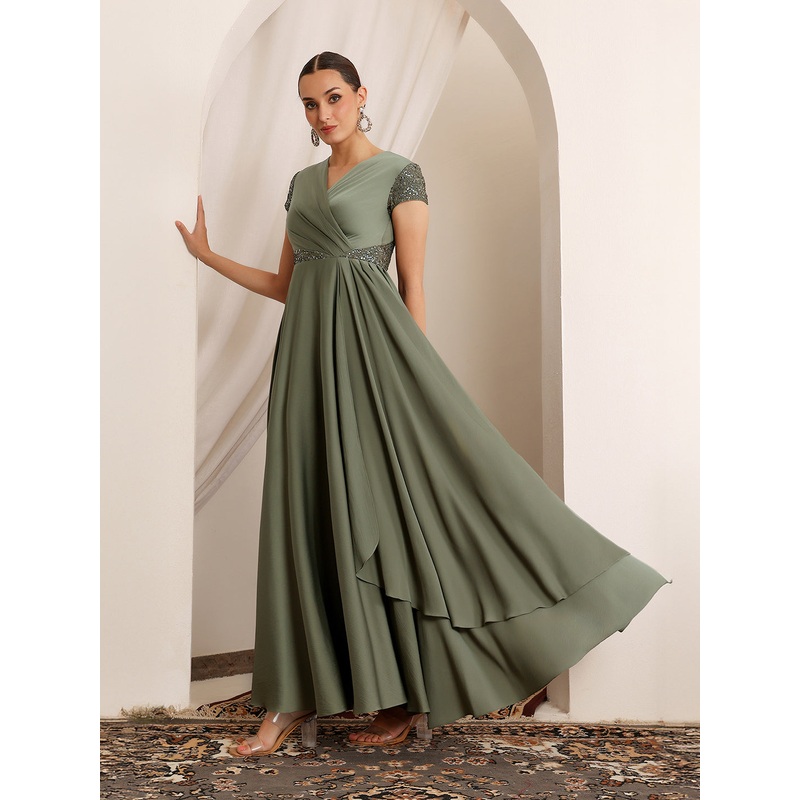 Women’s Embellished Pale Olive Gown in Asymmetric Draped Premium Satin XS Olive