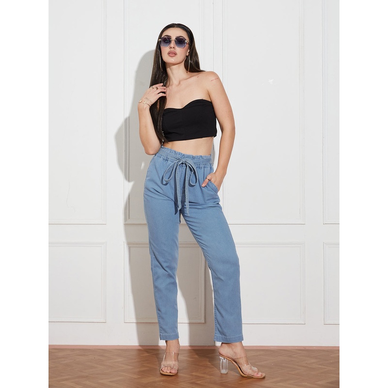 Women’s Light-Blue Paperbag-Fit High-Rise Clean-Look Regular-Length Stretchable Denim Jeans 26 Blue