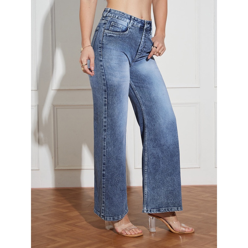 Women’s Light Blue Wide-Leg High-Rise Clean-Look Regular-Length Stretchable Denim Jeans 26 Blue