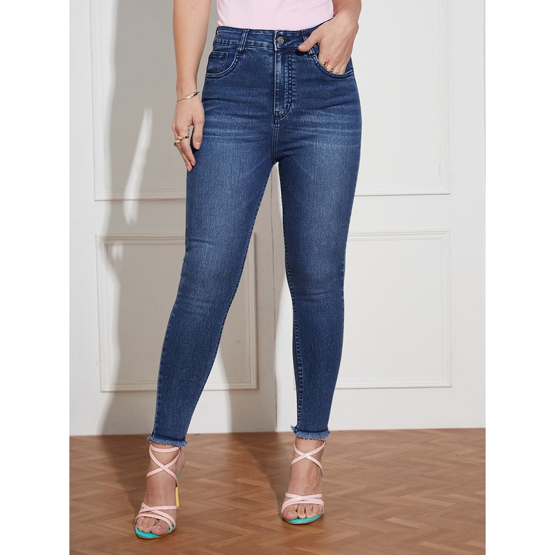 Women’s Navy Blue High Rise Clean Look Cropped Stretchable Denim Skinny Jeans 26 Blue