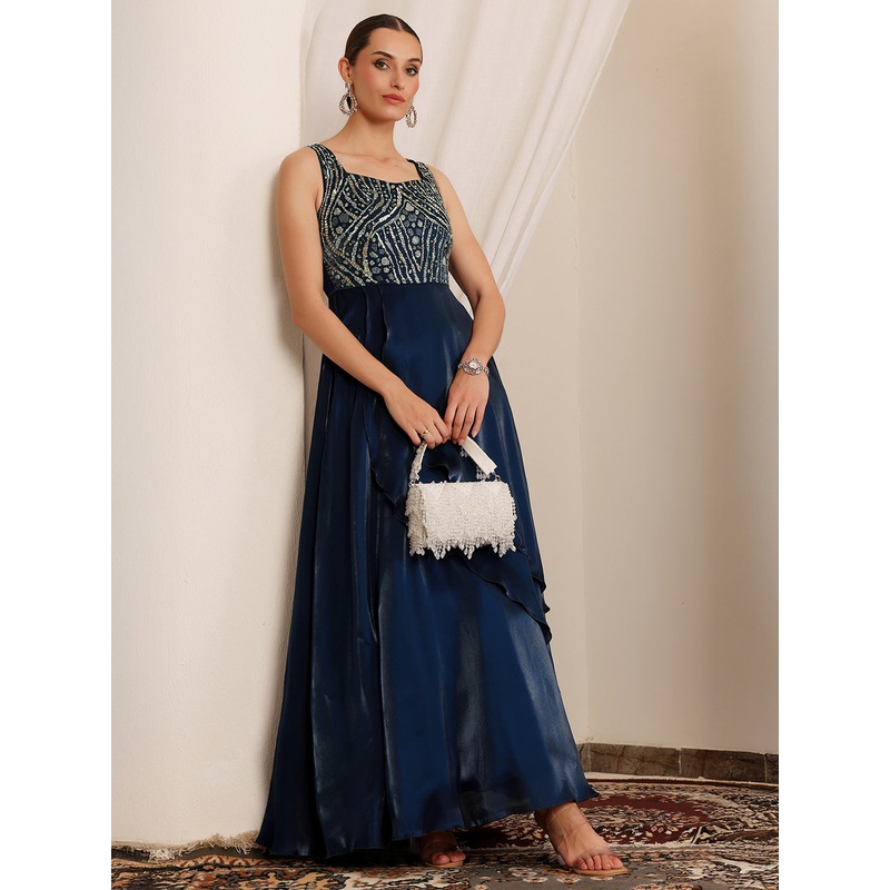 Women’s Navy Blue Sweetheart Sleeveless Embroidered Layered Satin Maxi Dress XS Navy Blue