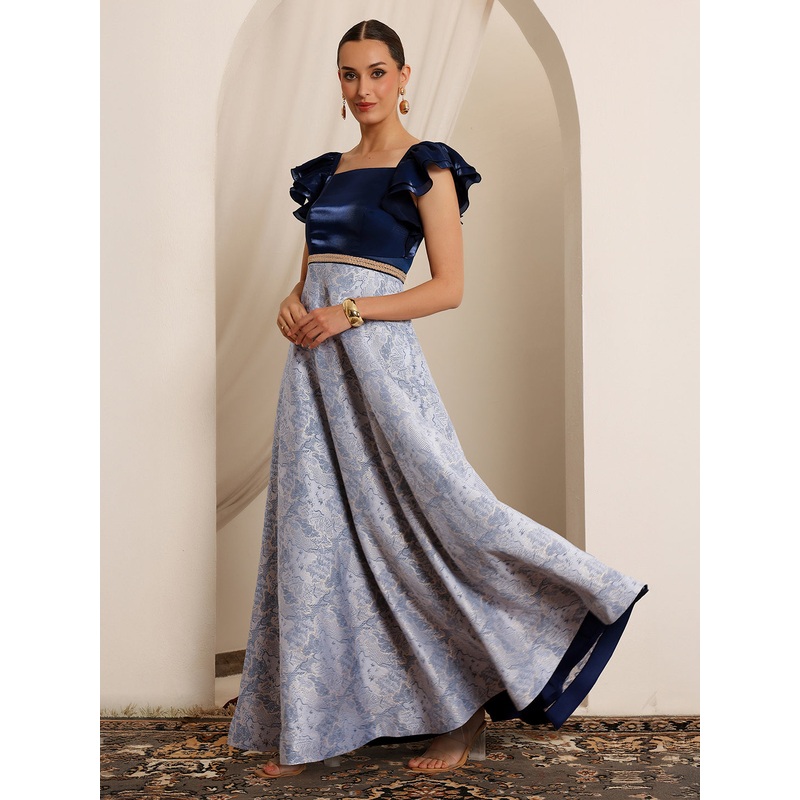 Women’s Navy Blue White Square Neck Ruffled Floral Maxi Dress XS Navy Blue