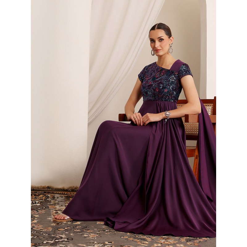 Women’s Purple Asymmetric Short Sleeve Embroidered Draped Satin Maxi Dress XS Purple