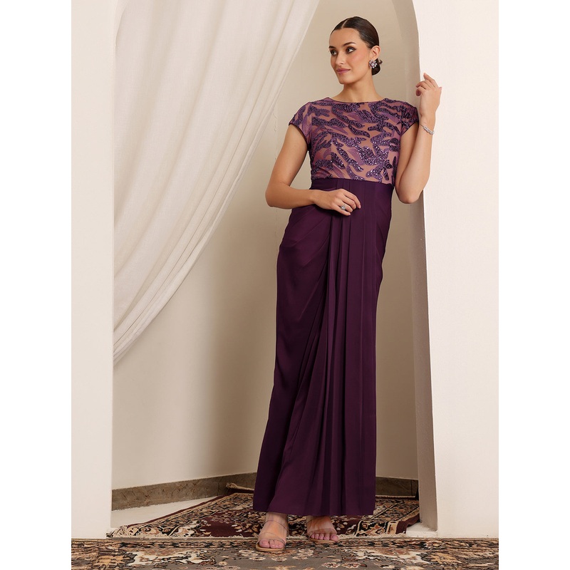 Women’s Purple Round Neck Short Sleeve Embellished Pleated Satin Maxi Dress XS Purple