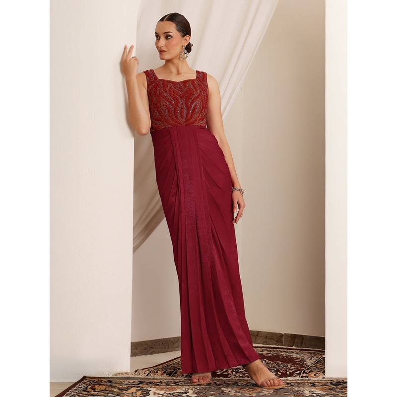 Women’s Red Sweetheart Sleeveless Embroidered Pleated Satin Maxi Dress XS Red