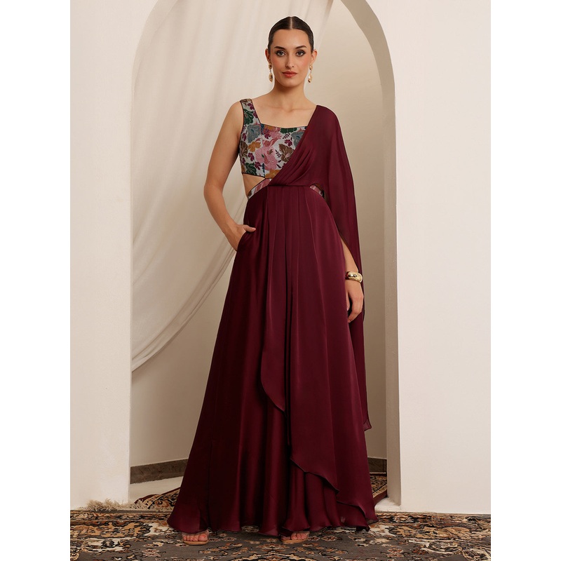 Women’s Wine Square Neck Sleeveless Floral Layered Satin Maxi Dress XS Wine