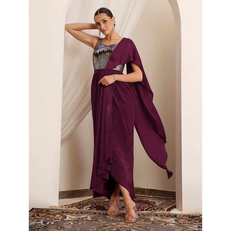 Women’s Wine Sweetheart Sleeveless Embellished Pleated Satin Maxi Dress XS Wine