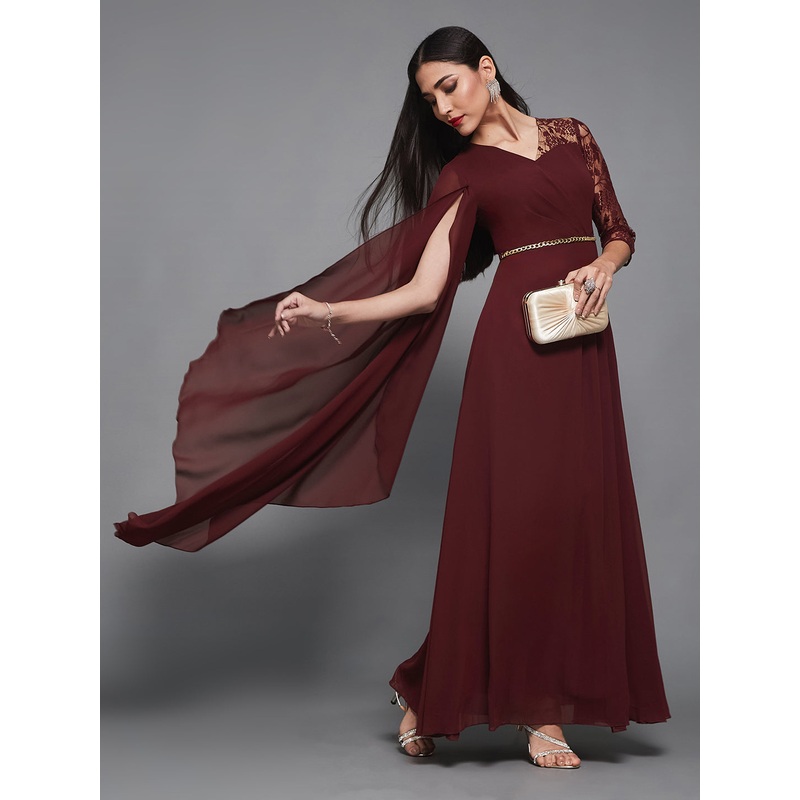 Teal Assymetric Long Sleeves Lace Maxi Dress for Women XS Wine