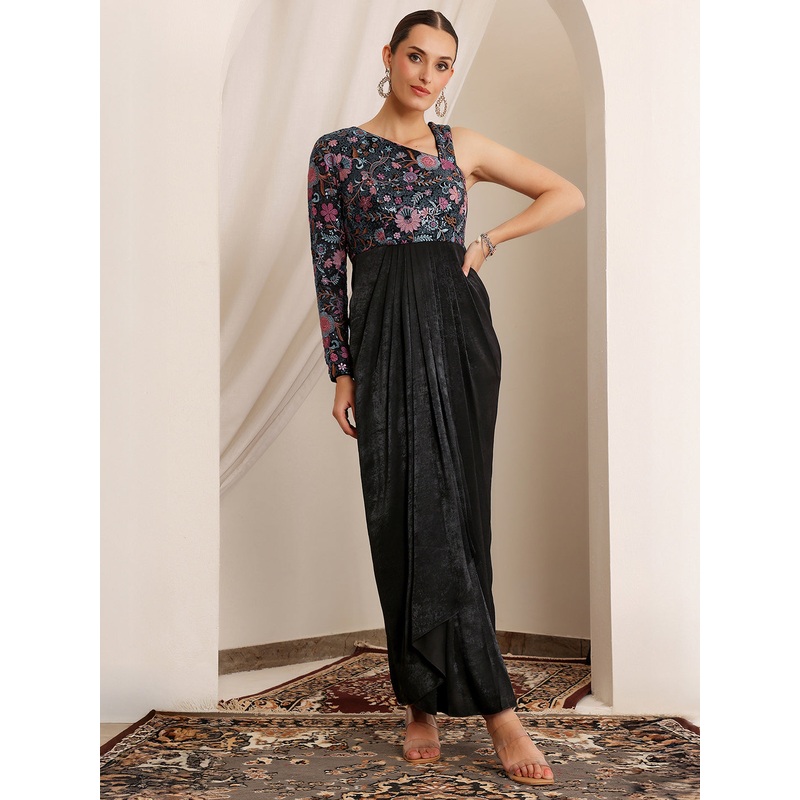 Women’s Black One-Shoulder Full Sleeve Embroidered Pleated Satin Maxi Dress XS Black