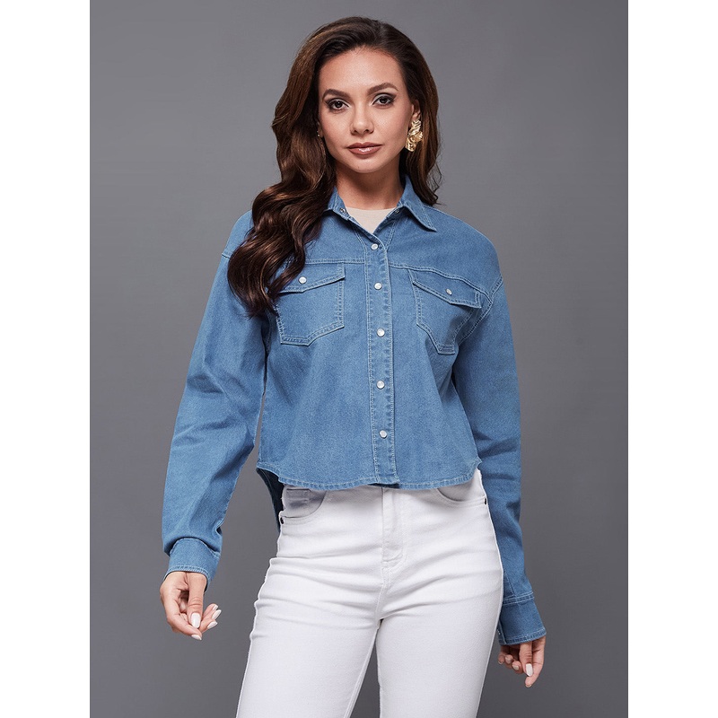 Women’s Mid Blue Shirt Collar Full Sleeve High Low Solid Crop Denim Shirt XS Black