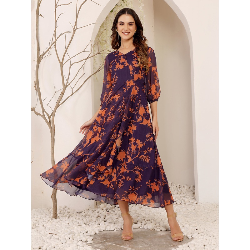 Women’s Multicolored-Base-Purple V-Neck 3/4 Sleeve Floral Wrap Chiffon Midi Dress XS Purple