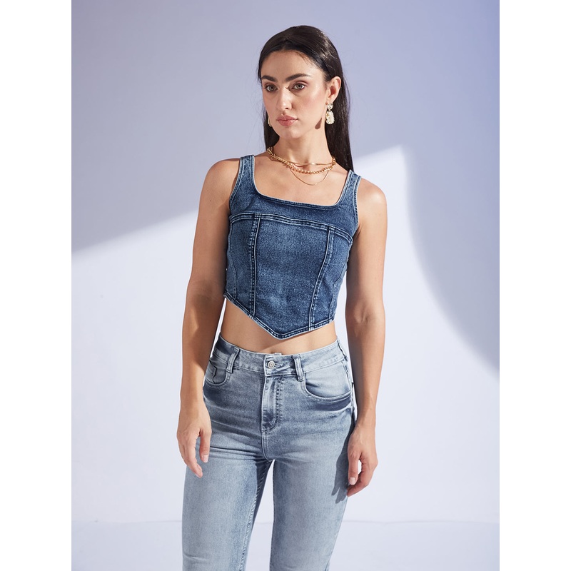Women’s Navy-Blue Square-Neck Sleeveless Zipper Corset Denim Crop Top XS Blue