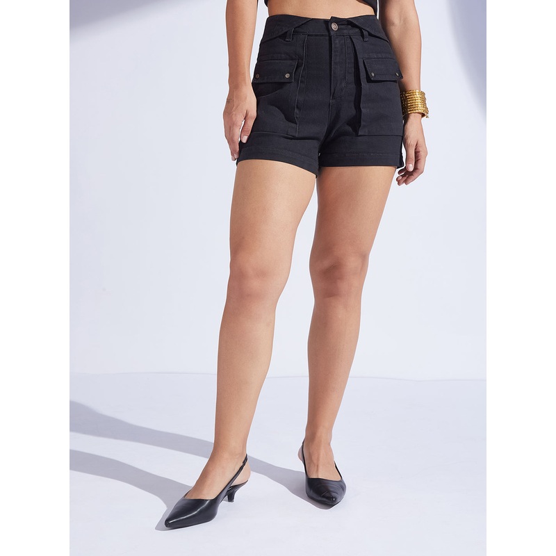 Women’s Black High-Rise Flared Stretch Denim Shorts with Quilted Waist & Statement Pockets 26 Black