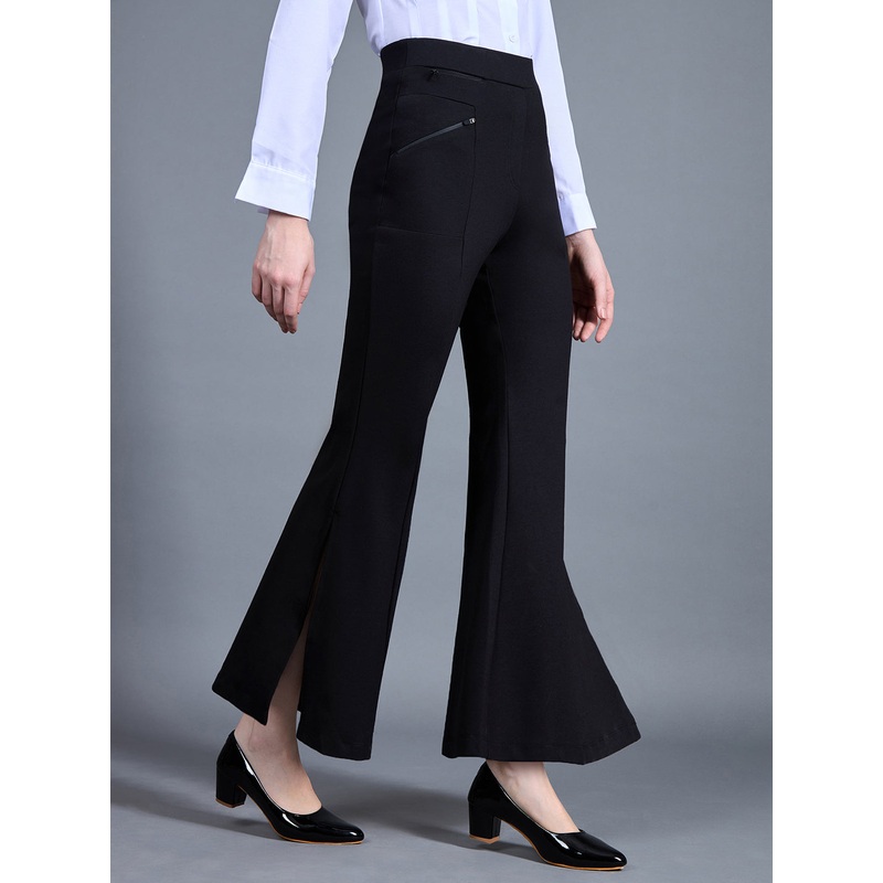 Women’s Black Viscose Solid Side Slit Bootcut Regular Trouser XS Black