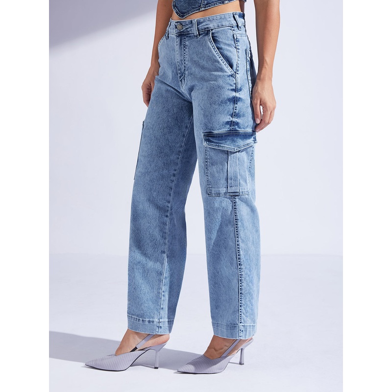 Women’s Light Blue Wide-Leg High-Rise Stretchable Flared Cargo-Style Denim Jeans 26 Light-Blue