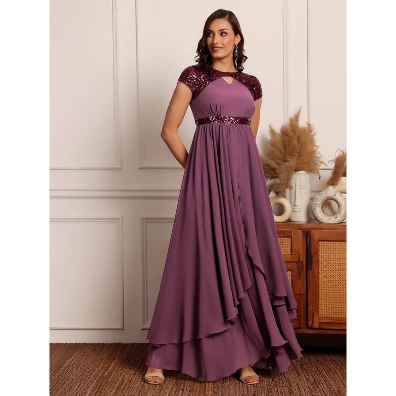 Women’s Mauve Keyhole Short Sleeve Embellished Layered Georgette Maxi Dress XS Mauve