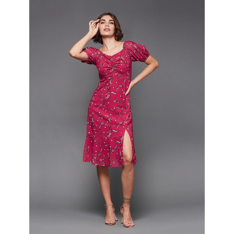 Women’s Multicolored-Base-Dark Pink Sweetheart Half Sleeve Floral Fit & Flare Midi Dress XS Multicolored