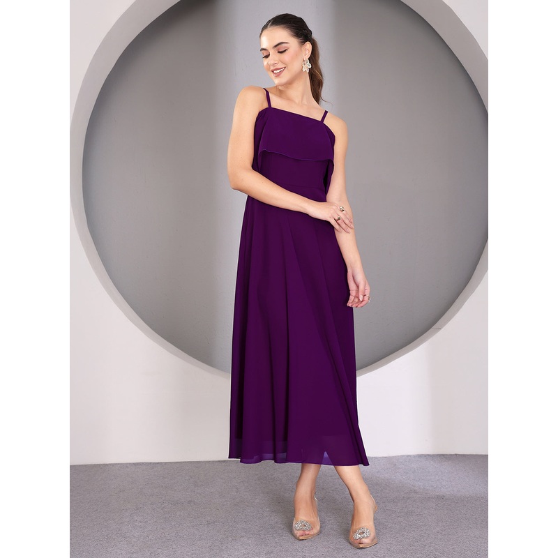 Women’s Purple Bardot Style Sleeveless Spaghetti Strap Solid Off Shoulder Midi Skater Dress XS Purple